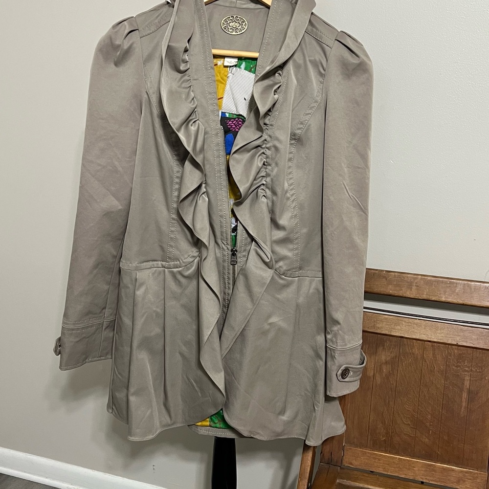 Anthropolgie Idra Taupe Ruffled Trench Coat NEW!